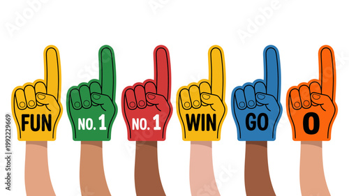 Hands holding colorful foam finger gloves with motivational words and numbers like 'FUN', 'NO. 1', 'WIN', 'GO', and '0'.