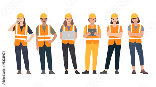 Six diverse construction workers in safety gear present a unified and professional front for their team.