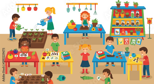 This vector illustration depicts a group of diverse children engaged in various indoor gardening activities like planting and watering in a classroom.