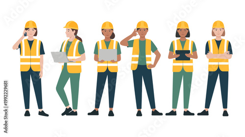 Six diverse construction workers in safety gear present a unified and professional front for their team.