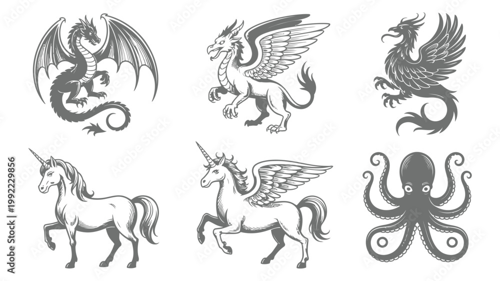 Fototapeta premium A collection of six mythical and fantastical creatures rendered in a detailed, monochromatic engraving style.