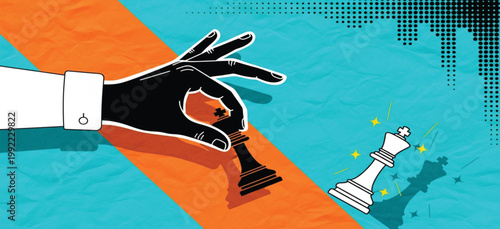 Strategic Business Move Concept Featuring a Hand Moving a Chess King Piece for Victory Leadership and Decision Making on Vibrant Textured Vector Background