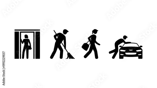 Four silhouette icons depicting common human activities: entering a doorway, sweeping, carrying a bag, and leaning on a car.