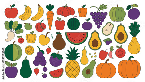 A comprehensive collection of various colorful fruits and vegetables presented in a clean, modern flat illustration style.