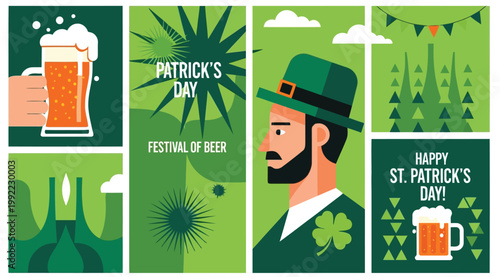 St patricks day celebration poster set with beer and leprechaun character