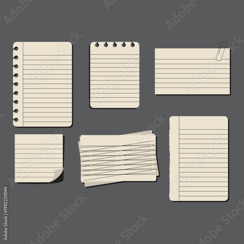 Vintage Lined Notebook Paper Sheets Set with Paper Clip and Sticky Note Elements

