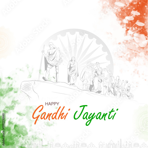 Gandhi Jayanti greeting card design with Mahatma Gandhi illustration, tricolor background, and patriotic tribute