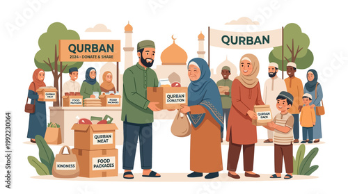Muslim community participating in Qurban al-Adha donation event, distributing food during Islamic festival