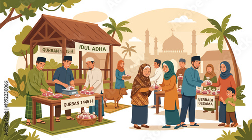 Muslim community celebrating Qurban during Eid al-Adha, distributing meat
