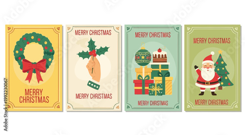 Set of vintage merry christmas greeting cards with wreath, holly, gifts and santa claus