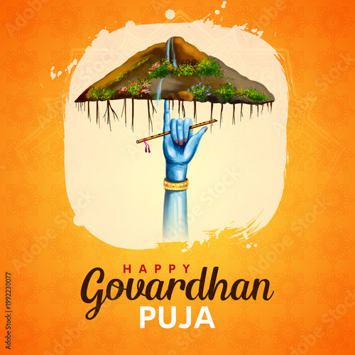 Govardhan Puja greeting card with Lord Krishna illustration, mountain symbolism, and traditional Hindu festival theme