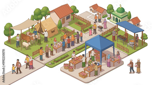 Vibrant Qurban festival scene with people participating in sacrifice, community gathering, and market stalls during Eid al-Adha celebrations