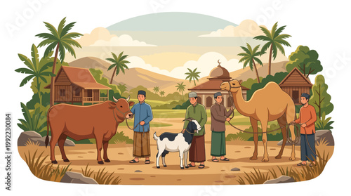 Idul Adha celebration in a peaceful village Villagers perform Qurban sacrifice, presenting cows, goats, and camels by a mosque, symbolizing profound devotion