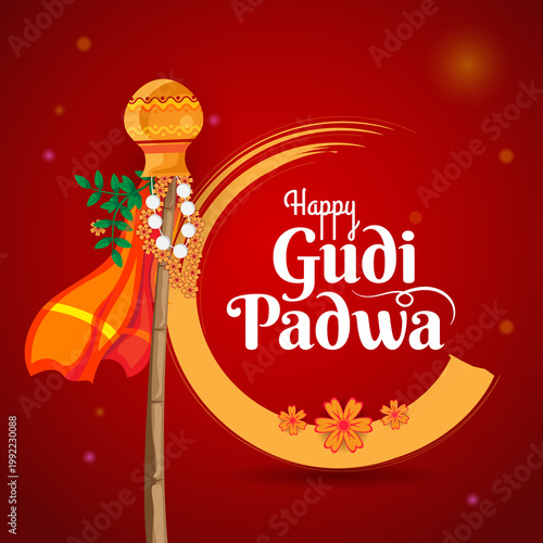 Gudi Padwa greeting card design with traditional Marathi gudi, floral decorations, and vibrant festive theme