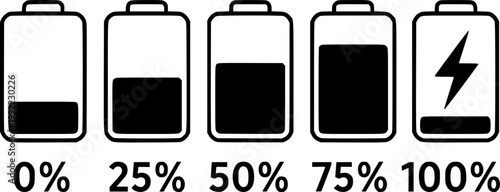 Battery charge level percentage indicators showing zero to one hundred percent power status in simple black and transparent vector flat design style for digital interface and mobile app icons.