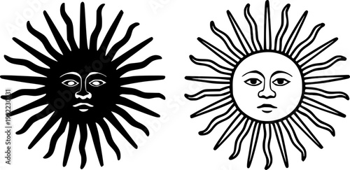 Vintage sun symbol with human face illustration featuring radiating wavy rays in black silhouette and outline style isolated on transparent background for mystical or astronomical design.
