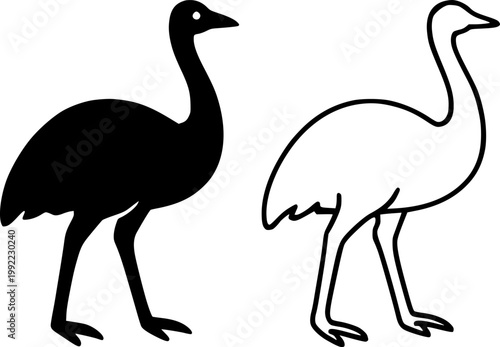 Emu bird silhouette and outline drawing isolated on transparent background showing flightless Australian avian species in minimalist vector illustration style for educational and design projects.