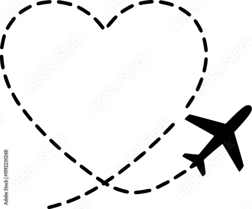 Airplane flying in a heart shape dashed path vector illustration representing love for travel and romantic vacation themes isolated on a transparent background for icon design.