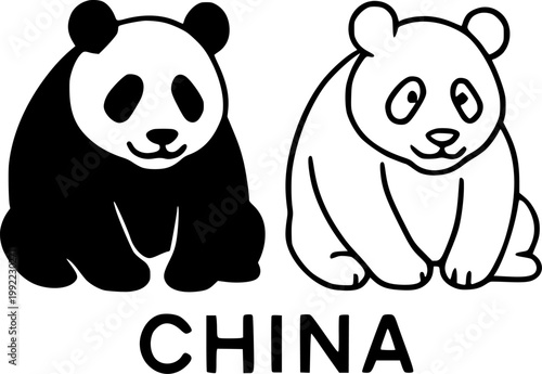 Cute giant panda bear sitting illustration with solid black and outline vector styles including China text label for wildlife and educational design projects on transparent background.