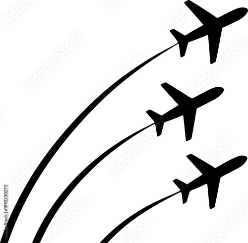 Formation of three airplanes flying in a line with trail paths in black silhouette vector art for travel and aviation design projects isolated on a transparent background.