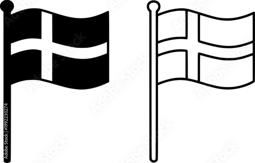 Danish flag on a flagpole icon set featuring solid black silhouette and outline style for national representation and international travel design projects isolated on transparent background.