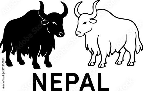 Yak animal of Nepal in black silhouette and outline vector style for national branding and wildlife icon design projects isolated on transparent background.
