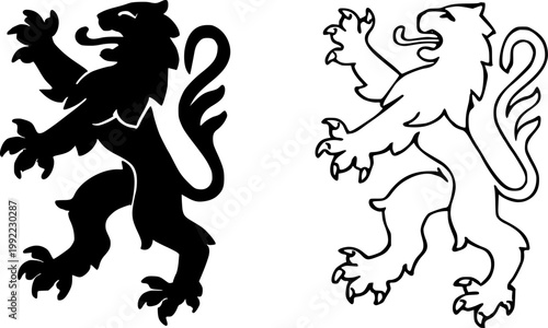 Rampant lion heraldic symbol in black silhouette and outline vector style for professional branding and luxury icon design projects isolated on transparent background.