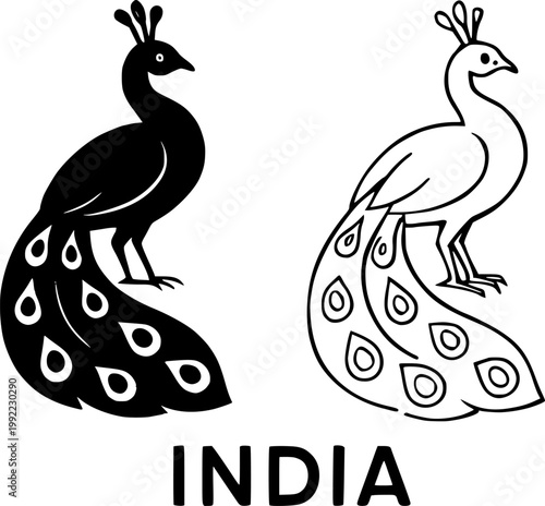Peacock national bird of India in black silhouette and outline vector style for cultural branding and wildlife icon design projects isolated on transparent background.