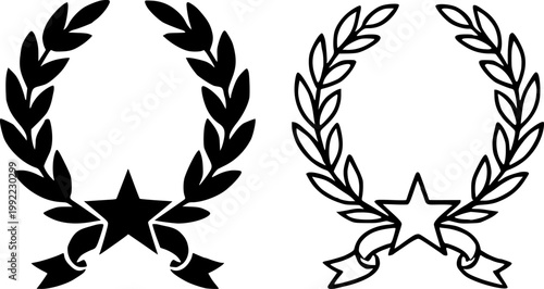 Laurel wreath with star and ribbon in black silhouette and outline vector style for achievement and award icon design projects isolated on transparent background.