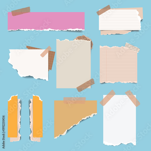 Realistic Torn Paper Scraps Set with Adhesive Tape and Lined Notebook Sheets on Blue Background