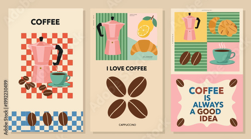 Set of coffee posters with moka pot, coffee beans, croissant and lemon in flat vector style