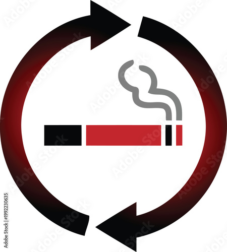 Smoking cigarette icon with red and black arrows in circular motion symbolizing addiction and smoking cycle