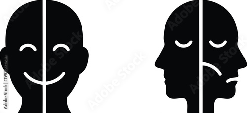 Split faces with different expressions on each side showing contrasted emotions with a divided line down the middle  face illustration