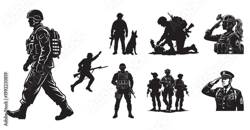 Military soldier silhouette collection, army infantry and special forces vector set, black and white tactical combat personnel icons for war design