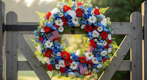A vibrant floral wreath adorned with American flags on a wooden gate for Memoriam Day celebration in a sunny outdoor setting with lush greenery and blooming flowers.