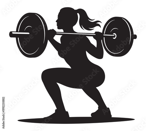 Fitness woman silhouette performing barbell squats, female weightlifter powerlifting vector, black gym athlete icon for bodybuilding and strength training