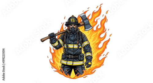 Firefighter in full gear holding axe.
