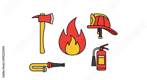 Firefighting tools and fire icons set.
