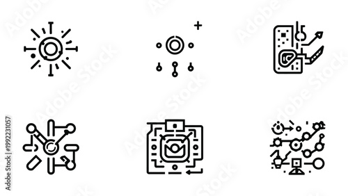 Technological Symphony: An intricate dance of digital innovation, with a set of captivating line drawings illustrating abstract technological concepts.