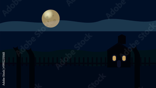 Silhouette of a house under a full moon with barbed wire fence Vector