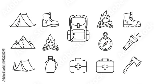 Camping gear and outdoor equipment icons.