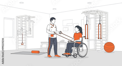 Physical therapist assisting woman in wheelchair with resistance band exercises in gym