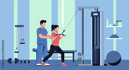 Physical therapist assisting woman with cable machine exercise for rehabilitation