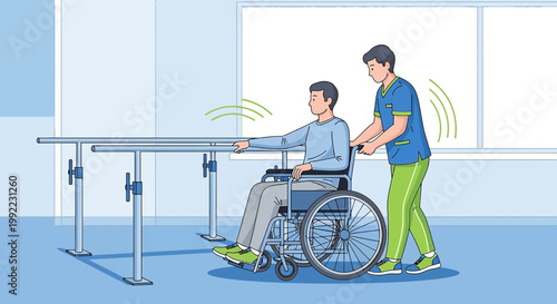 Physical therapist assists patient in wheelchair during rehabilitation exercise with parallel bars