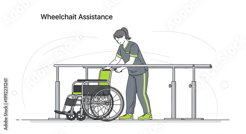 Physical Therapist Assists Patient in Wheelchair on Parallel Bars for Rehabilitation