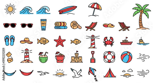 Colorful beach icons and symbols.