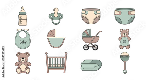 Baby nursery items and toys collection.