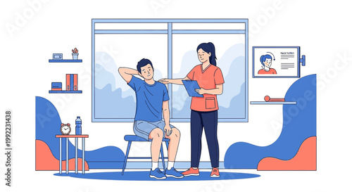 Physical Therapist Guides Patient Through Neck Rehabilitation Exercise in Clinic