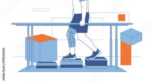 Physical therapy patient practicing stepping exercises on blocks with parallel bars for support.