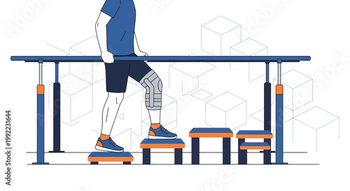 Physical Therapy Patient Exercising on Steps with Parallel Bars and Knee Brace
